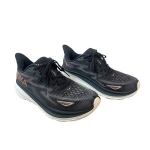 HOKA Clifton 9 Running Shoes Women’s Size 7 Wide Black Rose Gold Low Sneakers